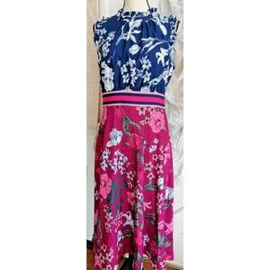 VINCE CAMUTO Navy Coral Floral Midi Dress Lined Size 12 NWT Striped Waist $148